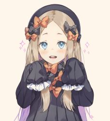 Rule 34 | 1girl, abigail williams (fate), black bow, black dress, black hat, blonde hair, blue eyes, blush, bow, dress, fate/grand order, fate (series), forehead, hair bow, hat, long hair, long sleeves, looking at viewer, nagu, open mouth, orange bow, parted bangs, polka dot, polka dot bow, simple background, sleeves past wrists, smile, solo, upper body, very long hair