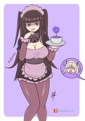 Rule 34 | 1girl, apron, blush, border, breasts, chibi, chibi inset, cleavage, cup, fire emblem, fire emblem awakening, highres, inset, looking at viewer, maid, maid headdress, nintendo, open mouth, plate, purple background, raydango, robin (female) (fire emblem), robin (fire emblem), signature, skull, smile, tharja (fire emblem)