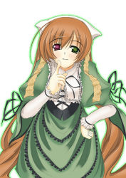 Rule 34 | 00s, 1girl, brown hair, closed mouth, cowboy shot, dress, eyebrows, hand on own hip, head scarf, heterochromia, layered dress, layered sleeves, leaning forward, long hair, long sleeves, looking at viewer, puffy short sleeves, puffy sleeves, rozen maiden, shio, short over long sleeves, short sleeves, simple background, smile, solo, standing, straightchromia, suiseiseki, very long hair, white background