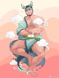Rule 34 | 1boy, bara, bare pectorals, beard stubble, brown hair, chinese zodiac, crossed arms, dragon boy, dragon horns, dragon tail, facial hair, full body, headband, highres, horns, katto8452, large pectorals, male focus, mature male, monster boy, muscular, muscular male, navel, navel hair, original, pectorals, pelvic curtain, personification, short hair, sideways glance, smoke, solo, sparse leg hair, stomach, stubble, tail, thick chest hair, thick eyebrows, thick thighs, thighs