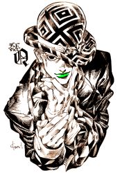 Rule 34 | 1boy, bad id, bad pixiv id, bowler hat, from above, gloves, green lips, hat, hat over one eye, hatching (texture), jojo no kimyou na bouken, kira yoshikage, kotteri, lipstick, makeup, male focus, monochrome, signature, smile, solo, spot color, upper body