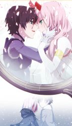 Rule 34 | 10s, 1boy, 1girl, absurdres, aged down, asymmetrical horns, black hair, blue eyes, blush, broken mirror, colored skin, couple, darling in the franxx, face-to-face, gloves, green eyes, hands on another&#039;s face, highres, hiro (darling in the franxx), horns, leje39, long hair, looking at another, mirror, pink hair, red skin, short hair, spoilers, time paradox, uneven horns, white gloves, zero two (darling in the franxx)