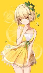 Rule 34 | 1girl, bison, blonde hair, closed mouth, collarbone, contrapposto, cowboy shot, dress, food, fruit, green ribbon, hair ornament, head tilt, highres, lemon, looking at viewer, original, pleated dress, ribbon, short dress, short hair, sleeveless, sleeveless dress, solo, standing, yellow background, yellow dress, yellow eyes, yellow theme