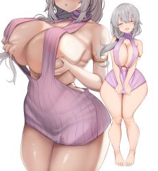 Rule 34 | 1girl, armband, backless dress, backless outfit, bare shoulders, barefoot, breasts, closed eyes, closed mouth, dot mouth, dress, grabbing, grabbing own breast, grey hair, hair over shoulder, halterneck, highres, huge breasts, karatakewari, long hair, looking at viewer, mature female, meme attire, naked sweater, open-chest sweater, open mouth, purple sweater, ribbed sweater, sidelocks, simple background, smile, solo, sweater, thighs, turtleneck, turtleneck sweater, uzaki-chan wa asobitai!, uzaki tsuki, virgin killer sweater, white background, wide hips