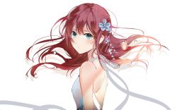 Rule 34 | 1girl, backless dress, backless outfit, blue eyes, blue flower, brown hair, closed mouth, dress, floating hair, flower, from side, hair flower, hair ornament, halterneck, highres, long hair, looking at viewer, naru (ul), original, solo, upper body, water drop, white dress
