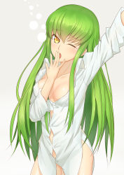 Rule 34 | 1girl, anarchojs, arm up, bow, breasts, c.c., cleavage, code geass, collarbone, covered erect nipples, fringe trim, green hair, hair between eyes, hair bow, highres, long hair, long sleeves, looking at viewer, medium breasts, one eye closed, open mouth, shirt, simple background, solo, teardrop, white shirt, yawning, yellow eyes