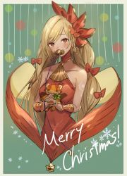 Rule 34 | 1girl, absurdres, blonde hair, blush, bow, braid, character doll, christmas, collarbone, dark-skinned female, dark skin, dress, english text, female focus, granblue fantasy, green nails, hair bow, helel ben shalem, highres, long hair, merry christmas, nail polish, nakonbu, own hands clasped, own hands together, pacifier, red bow, red dress, red eyes, sleeveless, sleeveless dress, solo, swept bangs, tattoo, twintails, very long hair, vyrn (granblue fantasy)