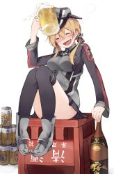 Rule 34 | 10s, 1girl, alcohol, beer, beer can, blonde hair, blush, can, drink can, drunk, happy, hat, kantai collection, makihitsuji, microskirt, military, military hat, military uniform, prinz eugen (kancolle), sake, skirt, smile, solo, thighhighs, twintails, uniform