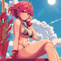 Rule 34 | 1girl, animated, bikini, blinking, blue sky, breasts, cleavage, cloud, crossed legs, itzah, large breasts, looking at viewer, navel, pixel art, pyra (xenoblade), red eyes, red hair, sitting, sky, solo, swimsuit, sword, tagme, video, weapon, xenoblade chronicles (series), xenoblade chronicles 2