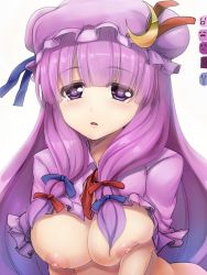 Rule 34 | 1girl, bad id, bad nijie id, blush, breasts, crescent, female focus, hair ribbon, hat, heart, heart-shaped pupils, highres, large breasts, long hair, looking at viewer, nipples, patchouli knowledge, purple eyes, purple hair, ribbon, simple background, solo, sorano (12gou), symbol-shaped pupils, touhou, white background