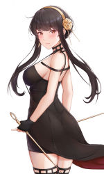 Rule 34 | 1girl, absurdres, akicho, ass, black dress, black gloves, black hair, black thighhighs, blush, breasts, closed mouth, dagger, dress, dual wielding, earrings, fingerless gloves, floating hair, flower, gloves, gold earrings, gold hairband, hair flower, hair ornament, hairband, highres, holding, holding dagger, holding knife, holding weapon, jewelry, knife, large breasts, long hair, looking at viewer, looking back, red eyes, reverse grip, rose, short hair with long locks, sidelocks, simple background, skindentation, solo, spikes, spy x family, stiletto (weapon), strap gap, thighhighs, two-sided dress, two-sided fabric, weapon, white background, yor briar, zettai ryouiki