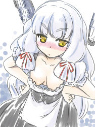 Rule 34 | 10s, 1girl, alternate costume, apron, bent over, blush, breasts, cleavage, collarbone, embarrassed, enmaided, hair ribbon, hakkai, hands on own hips, headgear, highres, kantai collection, looking to the side, maid, maid apron, murakumo (kancolle), no bra, nose blush, ribbon, sidelocks, silver hair, solo, yellow eyes