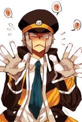 Rule 34 | 10s, 1boy, ?, arms up, blush, creatures (company), d:, embarrassed, game freak, gloves, grey hair, hat, heart, ingo (pokemon), jacket, long sleeves, male focus, necktie, nintendo, open clothes, open jacket, open mouth, peaked cap, pokemon, pokemon bw, puddingx2, shirt, sideburns, simple background, solo, sweat, white background, white gloves, white shirt