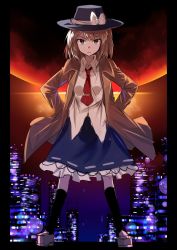 Rule 34 | 1girl, black border, black skirt, black socks, border, brown eyes, brown hair, city, coat, commentary request, e.o., fire, frown, full body, hands in pockets, hands on own hips, hat, hat ribbon, highres, kneehighs, looking at viewer, mountain, necktie, red necktie, ribbon, serious, shirt, shoes, short hair, sketch, skirt, socks, solo, tie clip, touhou, trench coat, untucked shirt, usami renko