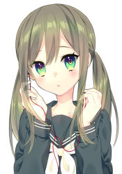 Rule 34 | 1girl, :o, black sailor collar, black shirt, brown hair, collarbone, commentary request, earbuds, earphones, green eyes, hair between eyes, hands up, highres, kusumoto shizuru, long hair, long sleeves, looking at viewer, neckerchief, original, parted lips, puffy long sleeves, puffy sleeves, sailor collar, school uniform, serafuku, shirt, simple background, solo, twintails, upper body, white background, white neckerchief