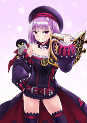 Rule 34 | 1girl, absurdres, bare shoulders, belt, black coat, black dress, black headwear, blush, book, breasts, closed mouth, coat, colonel olcott (fate), detached collar, doll, dress, fate/grand order, fate (series), gradient background, helena blavatsky (fate), helena blavatsky (third ascension) (fate), highres, holding, holding book, long sleeves, looking at viewer, off shoulder, open book, open clothes, open coat, purple background, purple eyes, purple hair, senbon tsuki, short dress, short hair, small breasts, smile, star (symbol), starry background, strapless, strapless dress, thighhighs, thighs