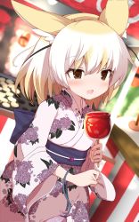 Rule 34 | alternate costume, animal ears, back bow, blonde hair, blue bow, blush, bow, brown eyes, candy apple, fennec (kemono friends), festival, floral print, food, food stand, fox ears, fox girl, highres, japanese clothes, karekusa meronu, kemono friends, kimono, open mouth, short hair, symbol-only commentary, white hair