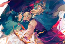 21_welkin 2boys archer_(fate/samurai_remnant) black_hanfu bow_(weapon) chinese_clothes chinese_hairpin command_spell fate/samurai_remnant fate_(series) fire green_hair grey_hair hanfu high_ponytail highres holding holding_bow_(weapon) holding_weapon long_hair looking_at_another low-tied_sidelocks male_focus midair multicolored_hair multiple_boys ponytail red_hanfu streaked_hair upside-down weapon white_hanfu xiao_guan_(headdress) yellow_eyes zheng_chenggong_(fate)