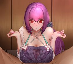 Rule 34 | 1boy, 1girl, absurdres, bed, breasts, cleavage, dress, fate/grand order, fate (series), fujimaru ritsuka (male), glasses, hair ornament, hair scrunchie, highres, indoors, large breasts, looking at viewer, off shoulder, over-rim eyewear, paizuri, paizuri under clothes, ponytail, purple hair, red eyes, scathach (fate), scathach skadi (fate), scathach skadi (swimsuit ruler) (fate), scathach skadi (swimsuit ruler) (second ascension) (fate), scrunchie, see-through, see-through sleeves, semi-rimless eyewear, solo focus, spread legs, sweater, sweater dress, wenzheng147