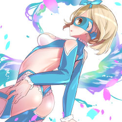 Rule 34 | 1girl, ass, bad id, bad pixiv id, bare shoulders, breasts, brown eyes, cosplay, djeeta (granblue fantasy), flat ass, from behind, granblue fantasy, large breasts, leotard, looking at viewer, looking back, mask, open mouth, rainbow mika, rainbow mika (cosplay), short hair, shoulder cutout, smile, solo, street fighter, street fighter v, tajima ryuushi, wrestling outfit