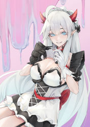 Rule 34 | 1girl, ahoge, asymmetrical gloves, back bow, black gloves, blue eyes, bow, breasts, cleavage, dress, garter straps, gloves, hands up, highres, horns, large breasts, long hair, looking at viewer, maid headdress, masuo, mismatched gloves, red bow, red sash, sash, short dress, smile, solo, vei (vtuber), vei (vtuber) (4th costume), very long hair, virtual youtuber, vshojo, white dress, white gloves, white hair