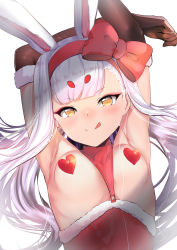 Rule 34 | 1girl, alternate costume, animal ears, armpit crease, armpits, arms behind head, azur lane, between breasts, blunt bangs, blush, bow, breasts, commentary request, dress, elbow gloves, fur-trimmed dress, fur-trimmed gloves, fur trim, gloves, hair bow, hairband, heart pasties, highres, hikimayu, licking lips, light purple hair, looking at viewer, naughty face, pasties, rabbit ears, red bow, red dress, red ribbon, ribbon, santa dress, schreibe shura, shimakaze (azur lane), simple background, small breasts, solo, tongue, tongue out, white background, yellow eyes