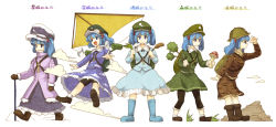 Rule 34 | 1girl, :d, alternate costume, alternate element, bad id, bad pixiv id, bike shorts, blue eyes, blue hair, boots, branch, cattail, character name, cloud, costume chart, dress, female focus, grass, hair bobbles, hair ornament, hat, holding, kawashiro nitori, key, leggings, looking at viewer, multiple persona, mushroom, open mouth, outstretched arms, plant, propeller, revision, skirt, smile, snow, touhou, translated, twintails, two side up, urin, walking, cane, white background