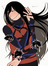 Rule 34 | 1boy, absurdres, aryu jyubei, black bodysuit, black hair, black nails, blue lock, bodysuit, brown eyes, chibi, chibi inset, commentary request, grid background, hair between eyes, hand up, highres, long hair, male focus, parted lips, red shirt, shirt, simple background, soccer uniform, sportswear, uyoo, white background