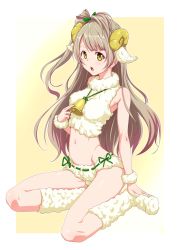 Rule 34 | 10s, 1girl, animal costume, animal ears, bell, blush, boots, brown eyes, brown hair, clearite, cowbell, highres, horns, long hair, love live!, love live! school idol festival, love live! school idol project, minami kotori, navel, open mouth, ribbon-trimmed underwear, ribbon trim, sheep costume, sheep ears, sheep horns, sitting, solo, underwear