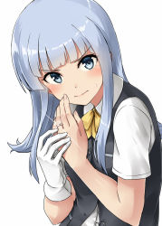 Rule 34 | &gt;:(, 10s, 1girl, black vest, blue eyes, blue hair, blunt bangs, blush, buttons, closed mouth, collared shirt, content rating, fingernails, frown, glint, gloves, unworn gloves, hatsukaze (kancolle), highres, jewelry, kamelie, kantai collection, leaning forward, lips, long hair, looking at viewer, neckerchief, own hands together, ring, serious, shirt, short sleeves, simple background, single glove, solo, sparkle, sweat, tareme, upper body, v-shaped eyebrows, vest, wedding band, white background, white gloves, white shirt, wing collar, yellow neckerchief
