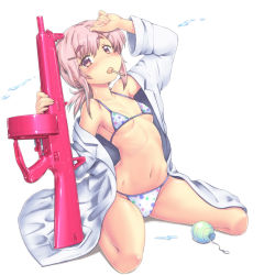 Rule 34 | 1girl, assault rifle, bikini, candy, food, full body, gun, hase yu, lab coat, little armory, lollipop, mouth hold, navel, oozumi ren, pink hair, polka dot, polka dot bikini, red eyes, rifle, short hair, short twintails, shotgun, simple background, sitting, solo, swimsuit, tomytec, twintails, wariza, water balloon, water gun, weapon, white background, white bikini