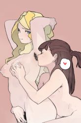 Rule 34 | 2girls, armpit hair, licking armpit, armpits, arms behind head, blonde hair, breasts, brown hair, diana cavendish, fingering, glands of montgomery, heart, highres, kagari atsuko, lactation, licking, little witch academia, mismatched pubic hair, mole, mole on breast, multiple girls, nipples, pubic hair, pussy juice, spoken heart, tagme, yuri
