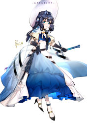 Rule 34 | 1girl, absurdres, arknights, astesia (arknights), astesia (starseeker) (arknights), black footwear, black gloves, blue eyes, blue hair, breasts, commentary, copyright name, dress, full body, gloves, gnji genji, grin, hair intakes, high-waist skirt, high heels, highres, holding, holding sword, holding weapon, long hair, looking at viewer, official alternate costume, puffy short sleeves, puffy sleeves, reverse grip, short sleeves, simple background, skirt, skirt hold, small breasts, smile, solo, sword, weapon, white background, white headwear, white skirt