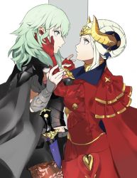 Rule 34 | 2girls, aged up, armor, artist request, breasts, byleth (female) (fire emblem), byleth (fire emblem), cape, closed mouth, crown, dagger, edelgard von hresvelg, eye contact, fire emblem, fire emblem: three houses, gloves, green eyes, hair ornament, hand on another&#039;s face, highres, horns, knife, light green hair, long hair, looking at another, multiple girls, nintendo, pantyhose, purple eyes, red cape, ribbon, short hair, shorts, silver hair, simple background, smile, uniform, upper body, weapon, white background, yuri