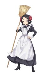Rule 34 | 1girl, apron, black eyes, black footwear, black hair, boots, broom, eyebrows, forehead, full body, hand on own hip, highres, looking at viewer, maid apron, official art, princess principal, princess principal game of mission, solo, standing, toudou chise, transparent background