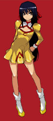 Rule 34 | 1990s (style), 1girl, agent aika, aika (series), arm behind back, black eyes, cleavage cutout, clothing cutout, delmo, female focus, full body, golden delmo, hair ribbon, hand on own hip, long hair, red background, retro artstyle, ribbon, rie petoriyacowa, skirt, skj, smile, socks, solo, standing, thighs, uniform, white socks