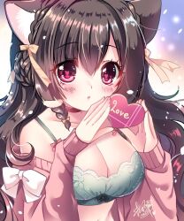 Rule 34 | 1girl, animal ear fluff, animal ears, black hair, blush, bow, bow bra, box, bra, braid, breasts, cleavage, commentary, english text, gift, gift box, hair between eyes, hands up, heart, heart-shaped pupils, holding, holding gift, indie virtual youtuber, jacket, long hair, long sleeves, looking at viewer, medium breasts, off shoulder, open clothes, open jacket, parted lips, pink jacket, puffy long sleeves, puffy sleeves, red eyes, sakurano ru, sakurano ru (vtuber), signature, sleeves past wrists, solo, symbol-shaped pupils, underwear, upper body, virtual youtuber, white bra