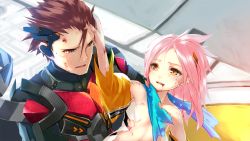 Rule 34 | 1boy, 1girl, ar nosurge, blood, blood from mouth, blood on face, brown eyes, brown hair, clothes writing, collarbone, crying, crying with eyes open, delta lantanoir, detached sleeves, english text, flat chest, game cg, hair between eyes, hand on another&#039;s head, long hair, ntny, official art, parted lips, pink hair, prim (ar nosurge), scratches, short hair, spoilers, surge concerto, tears, torn clothes, torn sleeves