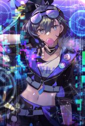 Rule 34 | 1girl, belt, blowing bubbles, chewing gum, commentary, cowboy shot, crop top, cropped jacket, fingerless gloves, gloves, goggles, goggles on head, grey eyes, grey hair, hand up, highres, honkai: star rail, honkai (series), kleinlight, midriff, navel, shorts, silver wolf (honkai: star rail), solo