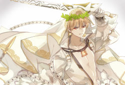 Rule 34 | 1boy, bare pectorals, blonde hair, chain, collarbone, cosplay, ea (fate/stay night), earrings, fate/grand order, fate (series), gilgamesh (fate), head wreath, holding, holding sword, holding weapon, jewelry, looking at viewer, male focus, nero claudius (bride) (fate), nero claudius (bride) (fate) (cosplay), nero claudius (bride) (third ascension) (fate), nero claudius (fate), nero claudius (fate) (all), pectorals, red eyes, simple background, smile, solo, sword, upper body, veil, weapon, white background, white theme, xiaoxue
