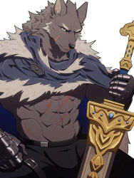 Rule 34 | 1boy, absurdres, animal head, blaidd the half-wolf, cape, cloak, commentary, elden ring, fur cape, fur cloak, furry, furry male, gauntlets, greatsword, highres, holding, holding weapon, huge weapon, looking at viewer, male focus, solo, sword, uiokv, weapon, wolf boy