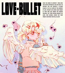 1girl angel_wings bullet_hole closed_mouth commentary english_commentary english_text feathered_wings from_behind gun hair_ornament hairclip handgun heart heart-shaped_pupils highres holding holding_gun holding_weapon kazuriae koharu_(love-bullet) long_sleeves looking_at_viewer looking_back love-bullet multicolored_hair red_hair shirt short_twintails solo streaked_hair symbol-shaped_pupils twintails vest weapon white_hair wings