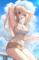 Rule 34 | 1girl, ahoge, armpits, arms behind head, arms up, bare arms, bare shoulders, black choker, blonde hair, blurry, breasts, brown shorts, camisole, choker, cleavage, cloud, commission, crop top, day, dolphin shorts, hair tie in mouth, halter shirt, halterneck, heart, heart ahoge, highres, large breasts, long hair, looking at viewer, micro shorts, midriff, mohaka (m 0haka), mole, mole under eye, mouth hold, navel, original, outdoors, ponytail, shirt, short shorts, shorts, sidelocks, sitting, skindentation, sleeveless, sleeveless shirt, solo, spaghetti strap, stomach, strap gap, sunlight, thighs, tying hair, very long hair, white shirt, yellow eyes