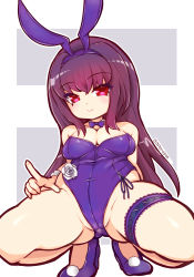Rule 34 | 1girl, absurdres, animal ears, arm behind back, bare shoulders, bow, breasts, cleavage, closed mouth, covered navel, detached collar, fake animal ears, fate/grand order, fate (series), flower, hair between eyes, hairband, highres, leotard, long hair, medium breasts, official alternate costume, outline, playboy bunny, purple bow, purple footwear, purple hair, purple hairband, purple leotard, purple neckwear, rabbit ears, red eyes, scathach (fate), scathach (piercing bunny) (fate), shoes, smile, solo, squatting, strapless, strapless leotard, tenkasu (aster4545), thigh strap, twitter username, very long hair, white flower, white outline, wrist cuffs