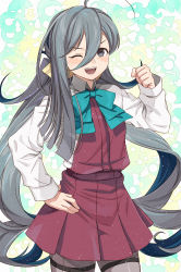 Rule 34 | 1girl, absurdres, boots, bow, bowtie, cowboy shot, cross-laced footwear, dress, gradient background, grey eyes, grey hair, grey pantyhose, hair between eyes, hair bun, halterneck, hand on own hip, highres, kanmiya shinobu, kantai collection, kiyoshimo (kancolle), lace-up boots, long hair, looking at viewer, low twintails, multicolored background, multicolored hair, open mouth, pantyhose, purple pantyhose, shirt, single hair bun, smile, solo, twintails, very long hair, white shirt