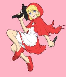 Rule 34 | 1girl, :d, apron, blonde hair, bloomers, blue eyes, bow, bulleta, capcom, capelet, close quarters combat, dress, frills, full body, gun, hamachixyz, happy, holding, holding gun, holding weapon, hood, knife, looking at viewer, machine pistol, open mouth, pink background, red skirt, simple background, skirt, smile, solo, submachine gun, trigger discipline, underwear, uzi, vampire (game), weapon