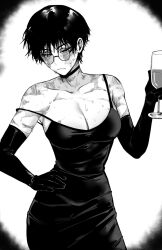 Rule 34 | 1girl, absurdres, breasts, choker, cleavage, closed mouth, collarbone, commentary, cowboy shot, cup, dress, drinking glass, elbow gloves, english commentary, glasses, gloves, greyscale, hand on own hip, highres, holding, holding cup, jujutsu kaisen, large breasts, looking down, masoq, messy hair, monochrome, out of frame, scar, short hair, simple background, single bare shoulder, sleeveless, sleeveless dress, solo, spaghetti strap, strap slip, sweat, white background, wine glass, zen&#039;in maki, zenin maki