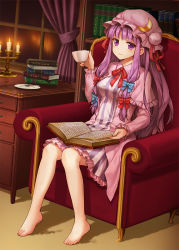Rule 34 | 1girl, barefoot, book, breasts, chair, crescent, cup, dress, full body, hair ribbon, hat, long hair, looking at viewer, momoko (momopoco), patchouli knowledge, puffy sleeves, purple dress, purple eyes, purple hair, ribbon, shirakawa mayo, sitting, smile, solo, striped clothes, striped dress, teacup, touhou