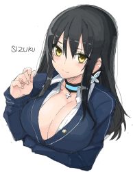 Rule 34 | 1girl, black hair, breast hold, breasts, cardigan, choker, cleavage, earrings, english text, engrish text, jewelry, jk bitch sannin musume!, large breasts, long hair, looking at viewer, md5 mismatch, nishizawa shizuku, open clothes, open shirt, ranguage, resized, resolution mismatch, shirt, sidelocks, simple background, sketch, smile, solo, source larger, upper body, white background, whoosaku, yellow eyes