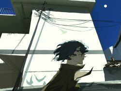 1boy absurdres blue_eyes blue_hair blue_sky brown_jacket building commentary dark_blue_hair day film_grain highres jacket kaiaik_(zheliakaina) male_focus outdoors power_lines saibou_shinkyoku shadow short_hair sky solo sun utility_pole utsugi_noriyuki